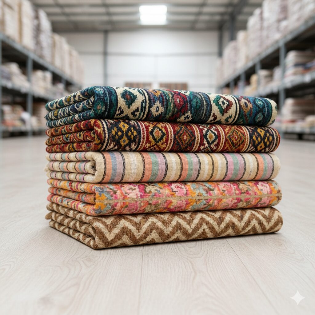 A collection of neatly stacked, custom-designed Shatranji rugs ready for wholesale export, symbolizing Innova Max USA's B2B services.