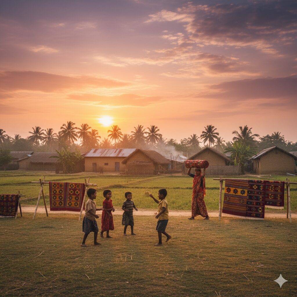 Uplifting scene of a Bangladeshi village community, showcasing the positive impact of ethical trade on their lives.