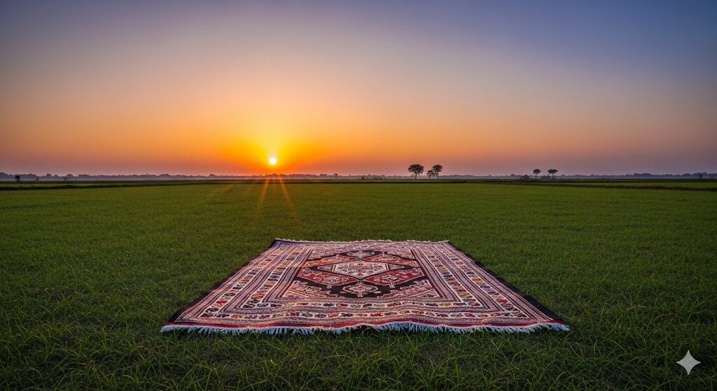 A panoramic view of the Rangpur countryside with a beautifully crafted Shatranji rug, reflecting the heritage of Innova Max USA.