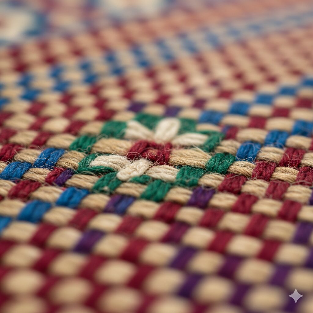 A close-up macro shot showing the intricate texture and vibrant colors of a handwoven Shatranji rug, highlighting Innova Max USA's quality.