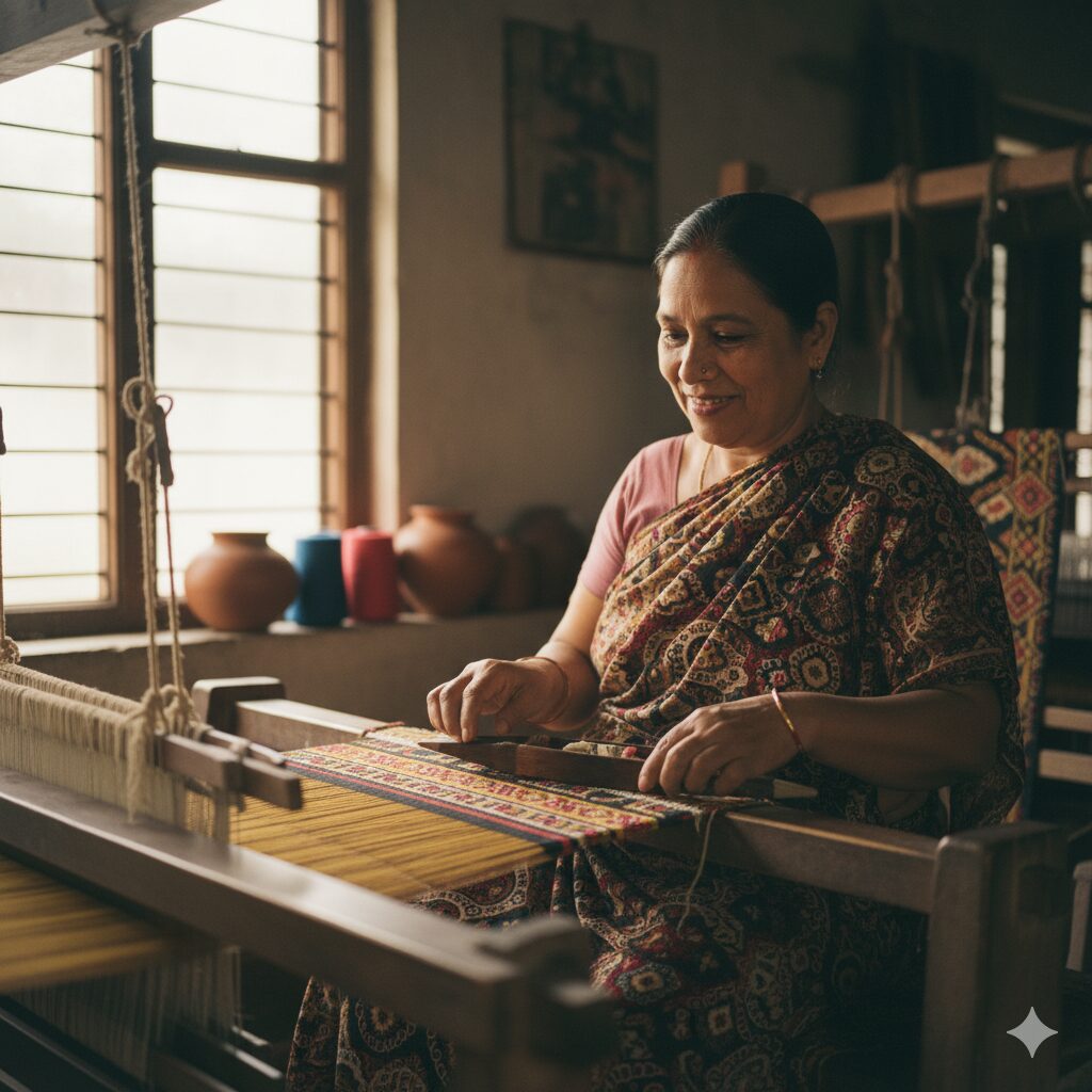 Hands of a skilled artisan weaving a Shatranji on a traditional loom in Rangpur, Bangladesh, showcasing Innova Max USA's ethical sourcing.