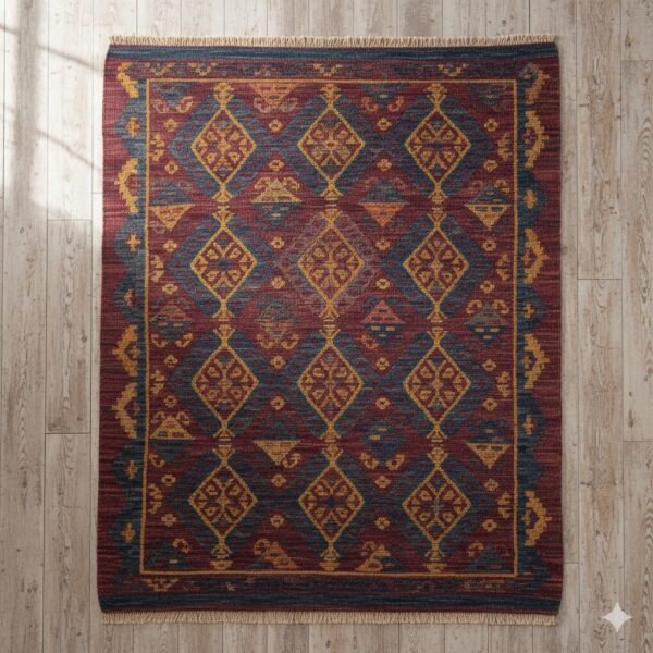Traditional handwoven Shatranji rug with maroon and indigo geometric patterns.