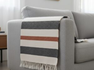 Modern minimalist striped Shatranji rug in charcoal grey and cream.