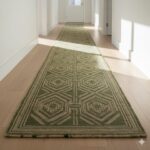 Earthy green and beige geometric hallway runner rug.
