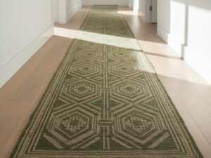 Earthy green and beige geometric hallway runner rug.