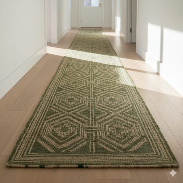 Earthy green and beige geometric hallway runner rug.