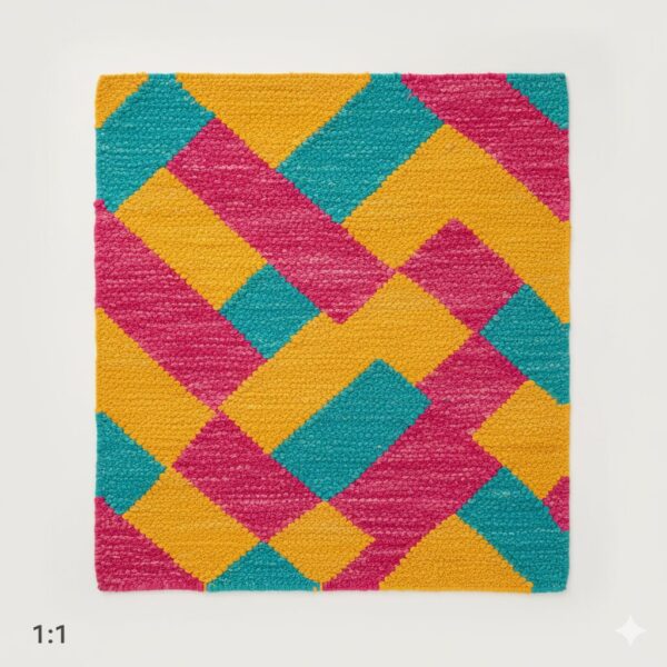 Vibrant accent rug with bold yellow, pink, and teal patterns.