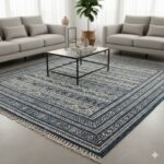 Large 8x10 area rug with indigo blue and ivory wave patterns.