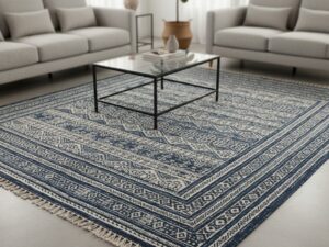 Large 8x10 area rug with indigo blue and ivory wave patterns.