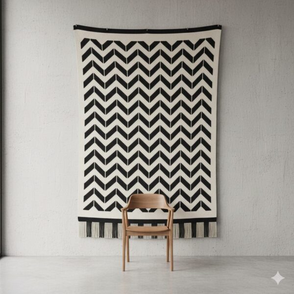 Monochrome black and white chevron pattern rug hanging as a wall tapestry.