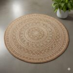 Round natural jute rug with a central medallion design.