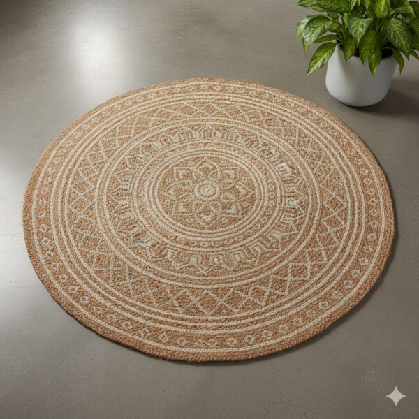 Round natural jute rug with a central medallion design.