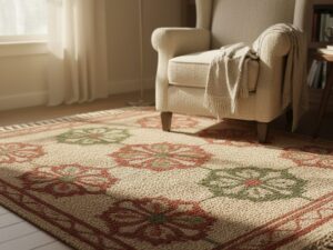 Handwoven rug with stylized floral motifs in terracotta and green.