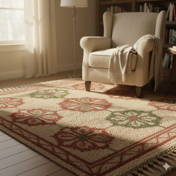 Handwoven rug with stylized floral motifs in terracotta and green.