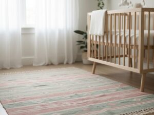 Soft pastel rug in dusty rose and sage green, ideal for a nursery.