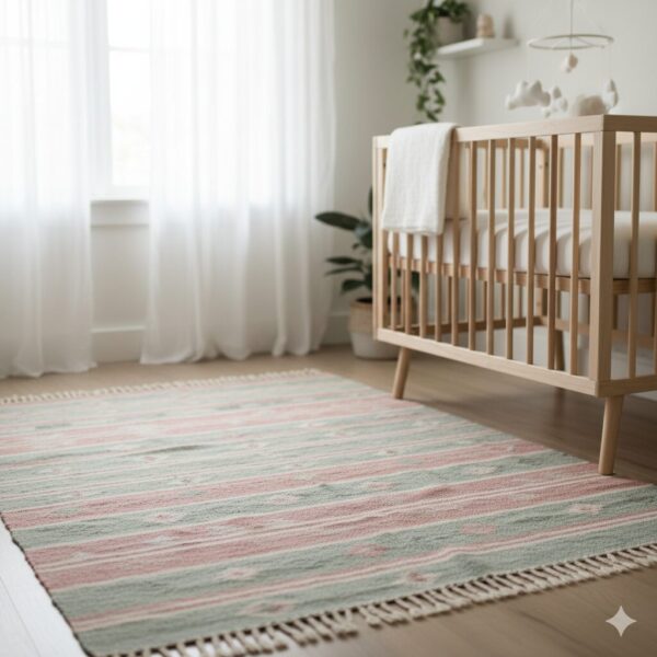 Soft pastel rug in dusty rose and sage green, ideal for a nursery.