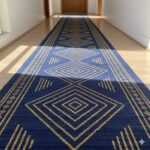 Elegant hallway runner in deep indigo blue with golden yellow geometric patterns.