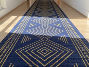 Elegant hallway runner in deep indigo blue with golden yellow geometric patterns.