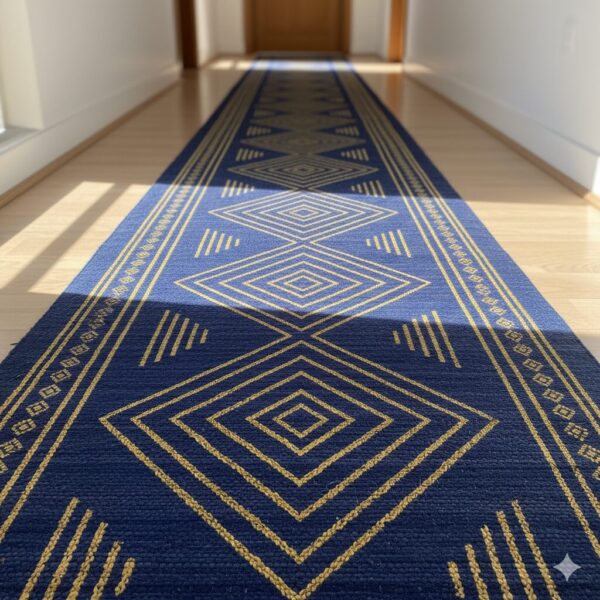 Elegant hallway runner in deep indigo blue with golden yellow geometric patterns.