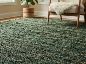 Lush, textured area rug in multiple shades of deep green and earthy brown.