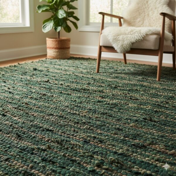 Lush, textured area rug in multiple shades of deep green and earthy brown.