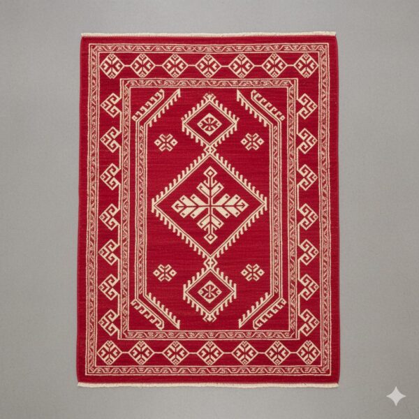Bold accent rug with a vibrant crimson red background and cream-white traditional motifs.
