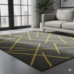 Modern and artistic area rug combining charcoal grey with bright yellow asymmetric patterns.