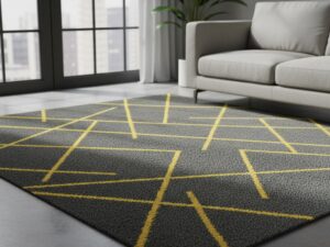Modern and artistic area rug combining charcoal grey with bright yellow asymmetric patterns.