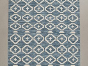 Shatranji rug with an intricate, mosaic-like tiled pattern in cool blue and grey tones.