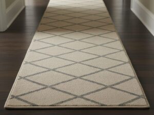Luxurious and soft premium cotton hallway runner with a subtle diamond pattern in beige and grey.