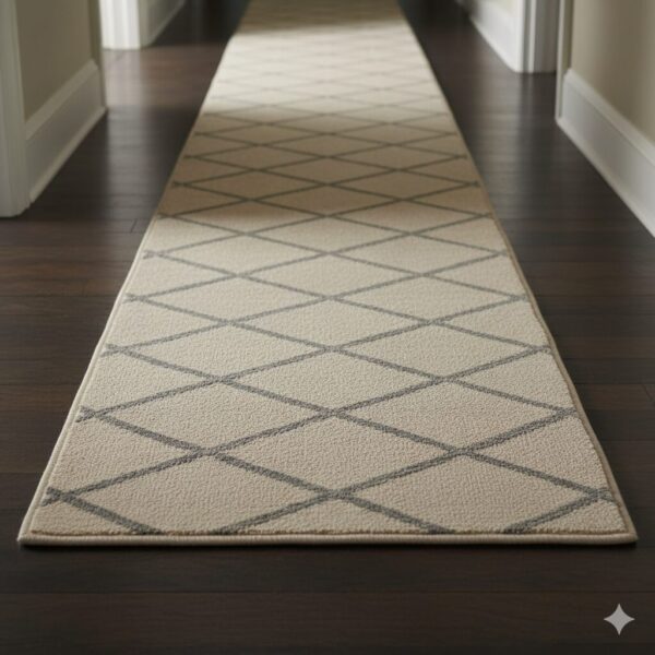 Luxurious and soft premium cotton hallway runner with a subtle diamond pattern in beige and grey.