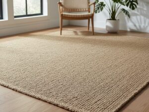 A large, eco-friendly area rug made from 100% natural and undyed handwoven jute.