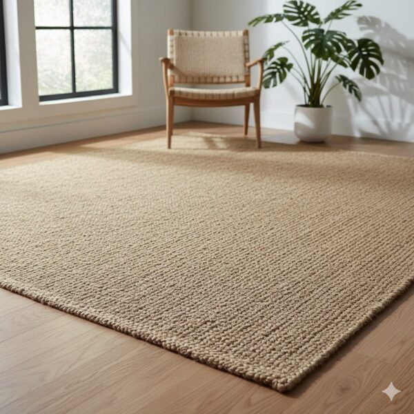 A large, eco-friendly area rug made from 100% natural and undyed handwoven jute.