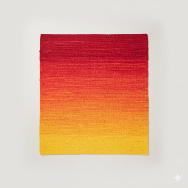 A stunning handwoven accent rug with a red, orange, and yellow sunrise ombre effect.