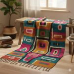 A vibrant and eclectic bohemian-style rug with a unique mix of non-repeating colors and patterns.