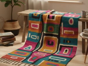 A vibrant and eclectic bohemian-style rug with a unique mix of non-repeating colors and patterns.