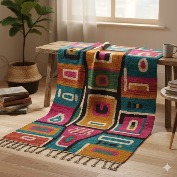 A vibrant and eclectic bohemian-style rug with a unique mix of non-repeating colors and patterns.