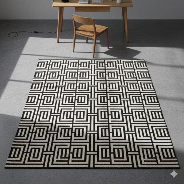 A bold, high-contrast, black and white rug with a complex interlocking geometric pattern.