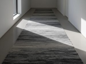 A modern hallway runner with a subtle, abstract pattern in various shades of grey.
