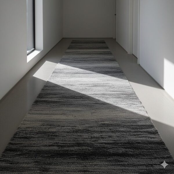 A modern hallway runner with a subtle, abstract pattern in various shades of grey.