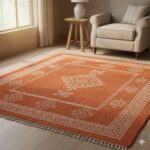 A warm, rustic area rug in a burnt orange terracotta color with cream geometric patterns.