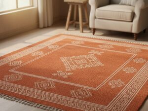 A warm, rustic area rug in a burnt orange terracotta color with cream geometric patterns.