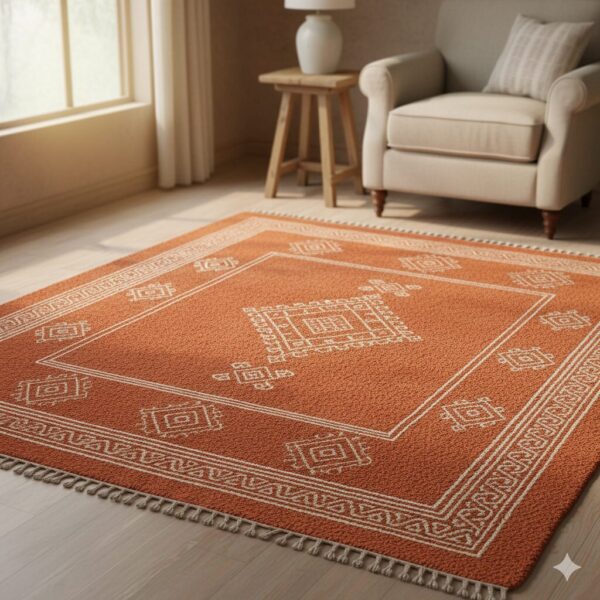 A warm, rustic area rug in a burnt orange terracotta color with cream geometric patterns.