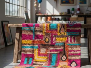 A unique, one-of-a-kind, artist-designed handwoven Shatranji rug.