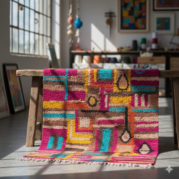 A unique, one-of-a-kind, artist-designed handwoven Shatranji rug.