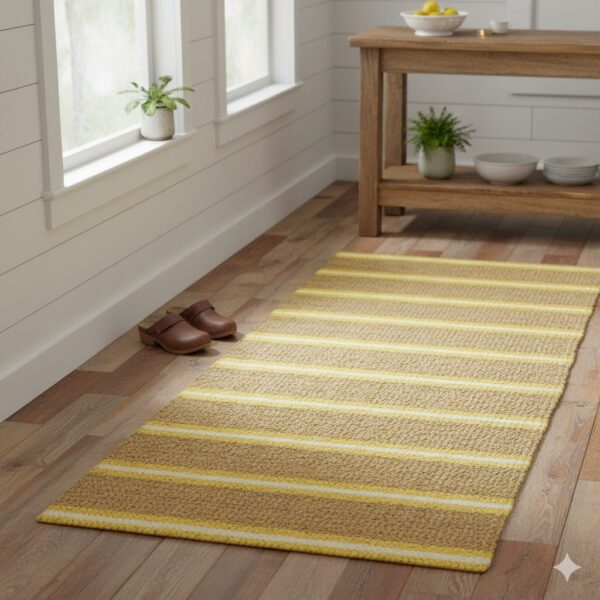 A cheerful, rustic hallway runner with alternating stripes of golden jute and bright yellow cotton.