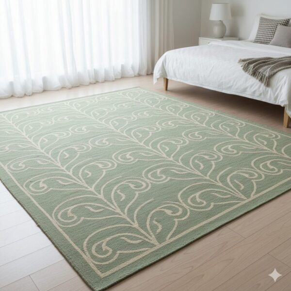 A serene and sophisticated area rug in soft sage green with elegant cream swirling patterns.