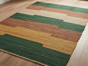An earthy-toned area rug with layered stripes of varying thickness, inspired by terraced hills.