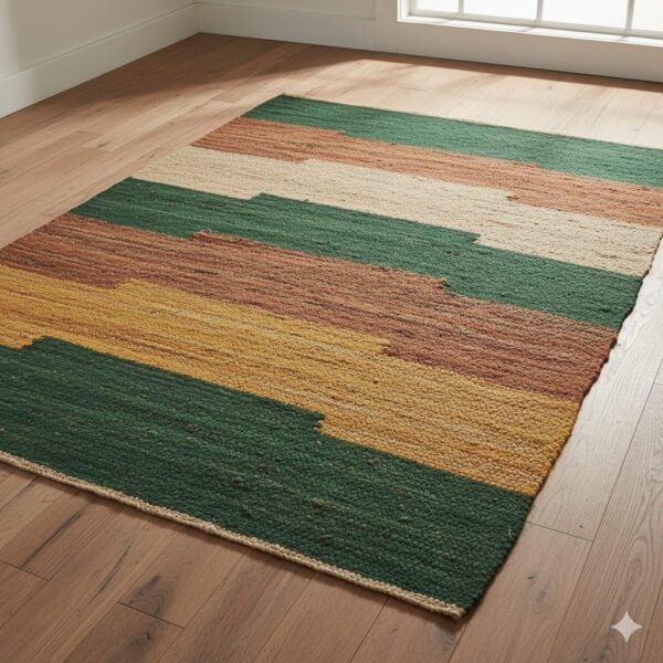 An earthy-toned area rug with layered stripes of varying thickness, inspired by terraced hills.