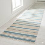 A coastal-themed hallway runner in sandy beige, sea blue, and white stripes.